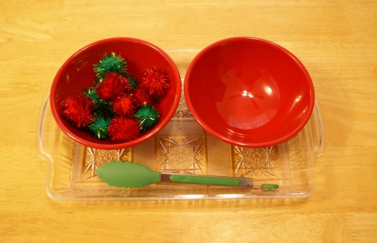 Montessori Christmas Activities for Toddlers - Tonging Pom Poms