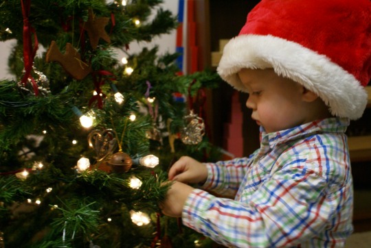 Montessori Christmas Activities for Babies - Observing a Christmas Tree with a Mirror